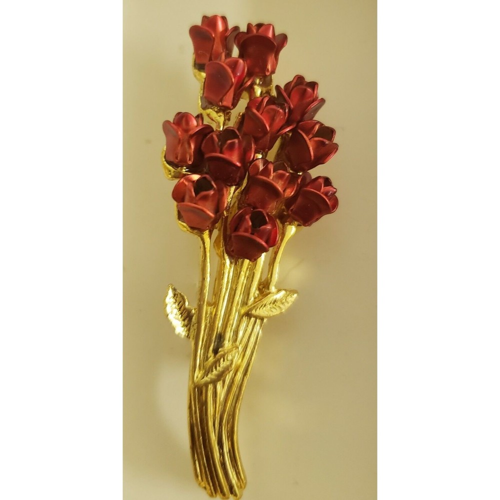 Vintage 1997 DM Goldtone Red Enamel ROSES BOUQUET Pin Brooch